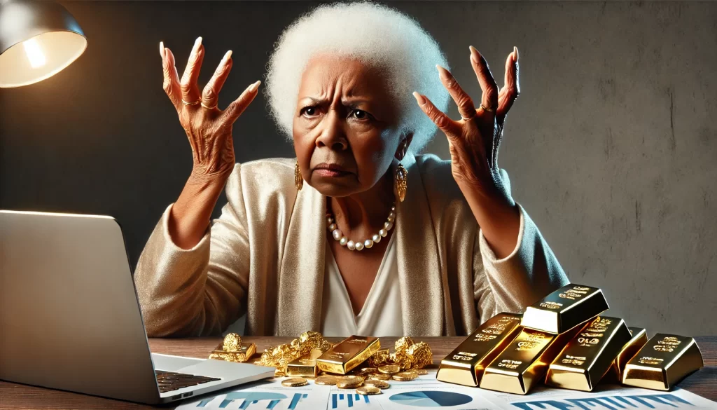 An elderly African American woman angry about Gold IRA cons