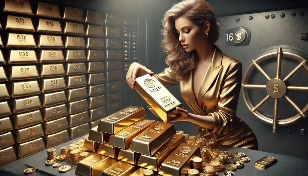 A female investment banker placing gold into a Gold IRA