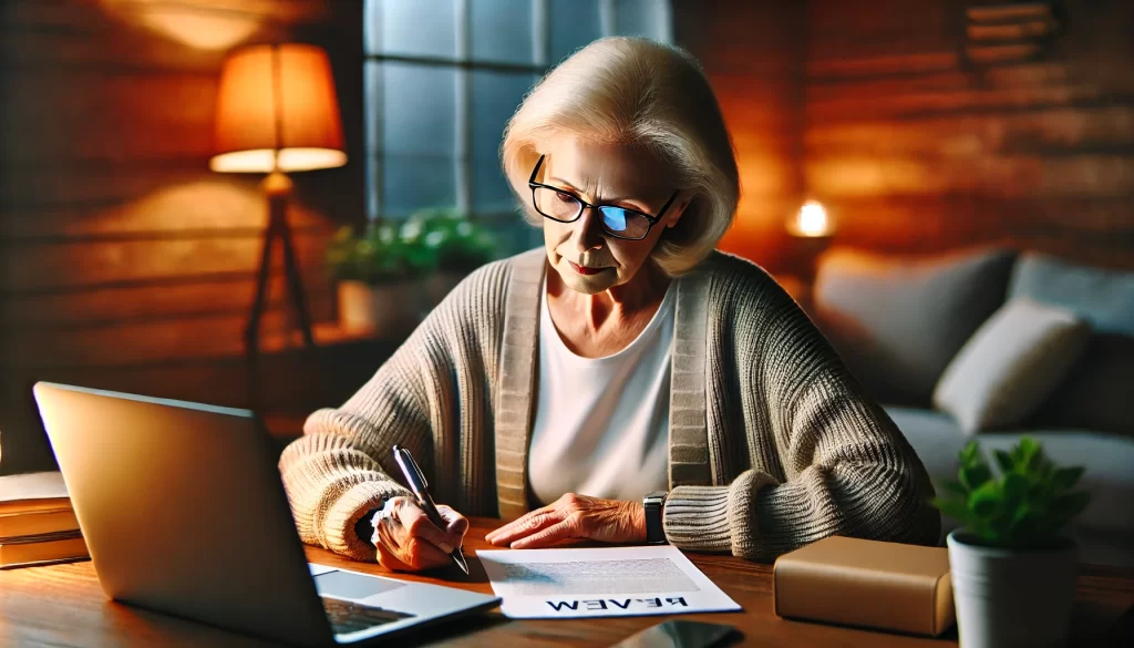 A retired woman writing a Goldco Review