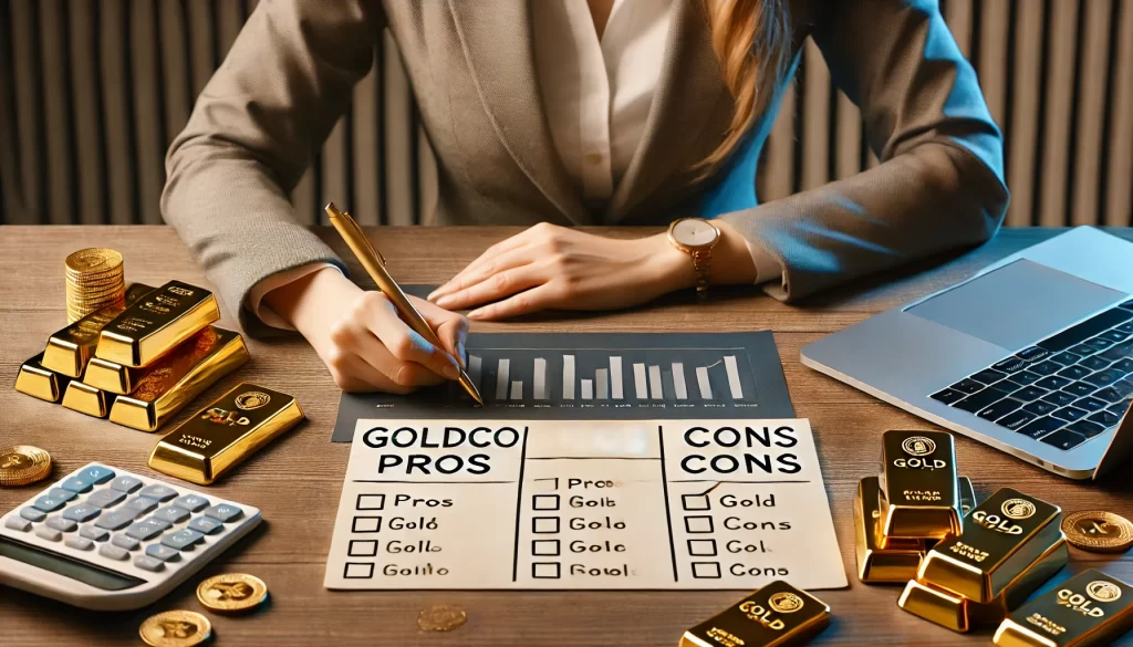 A female banker comparing the Goldco Pros and Cons