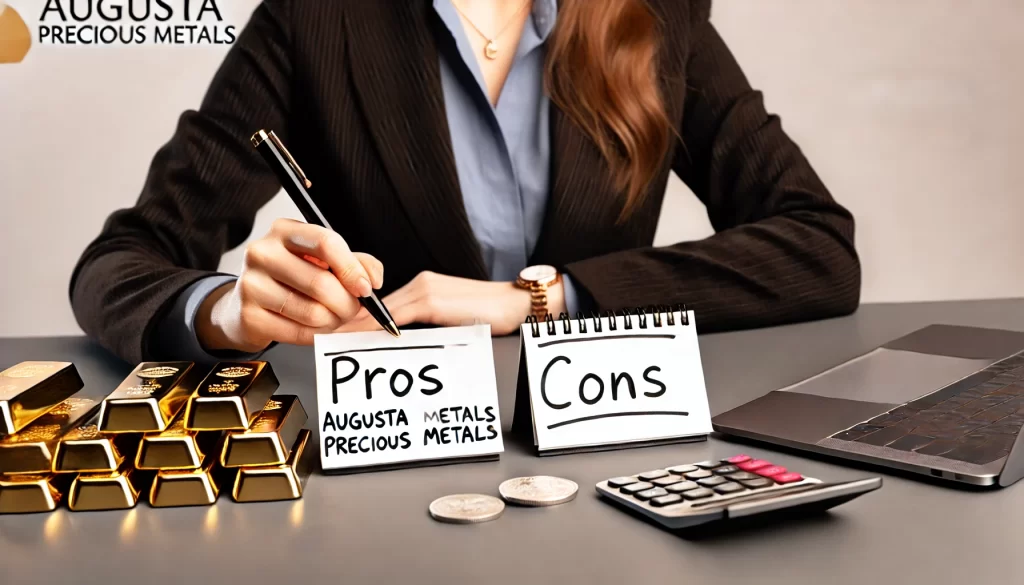 A female comparing Augusta precious  metals pros and cons