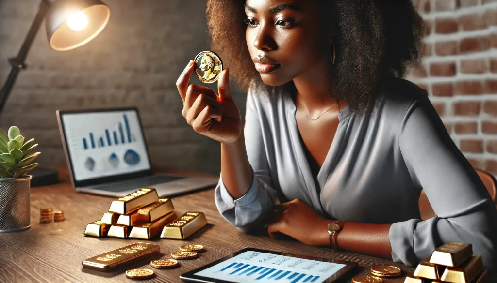 An African American female banker assessing an American Bullion Review