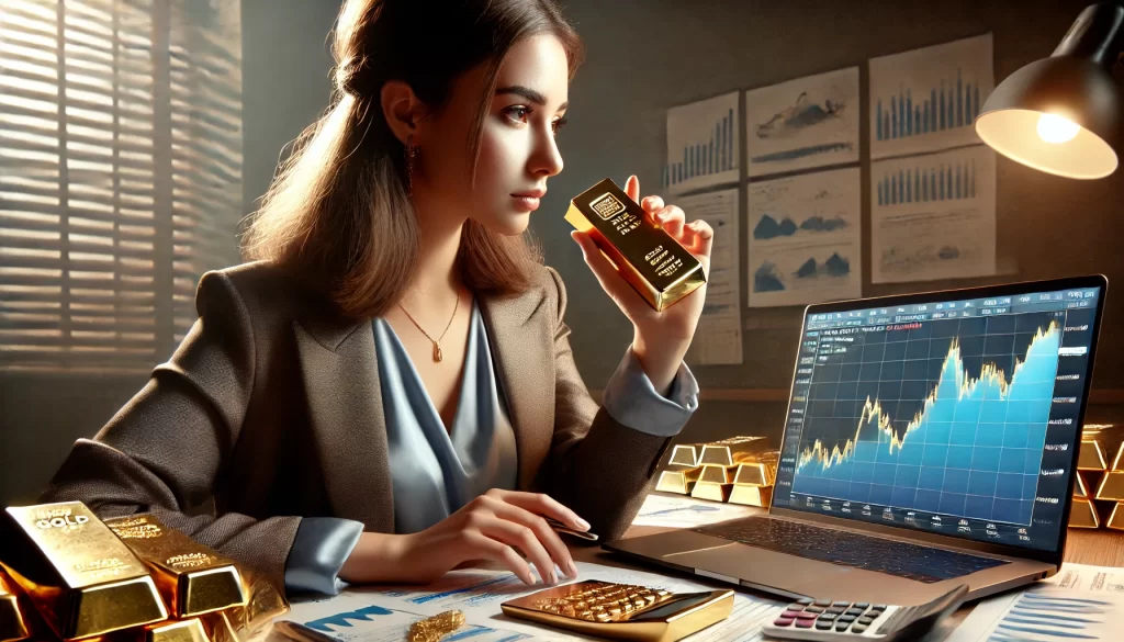 a female banker assessing American Hartford Gold prices